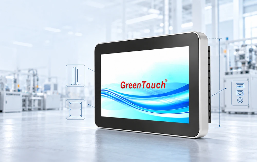 Enfoque del proveedor de soluciones de monitores t&aacute;ctiles industriales personalizados de GreenTouch: EMC, protecci&oacute;n frontal IP65, IK08 y montaje